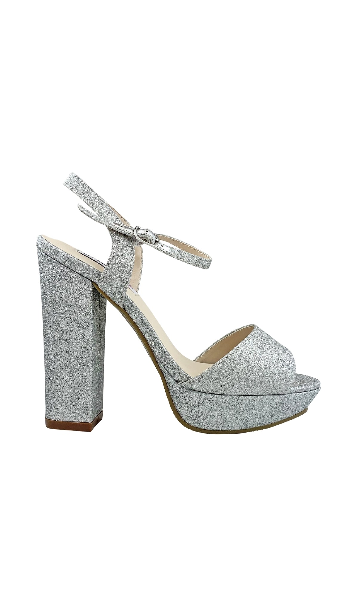 The Whitta Silver Glitter Prom Shoes (Dyeables 55717) feature an open-toe design, ankle strap, and block heels, displayed in a profile view against a white background.